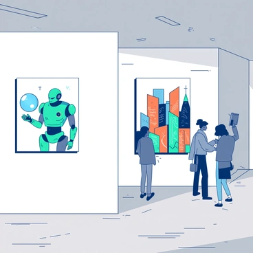 A series of illustrations hang on the white walls of a tech company headquarters lobby. The first illustration features a teal robot holding a glowing blue orb, symbolizing innovation. Another illustration showcases a vibrant orange city skyline filled with blue digital elements, representing connectivity and growth. The artwork captures the essence of technology through dynamic shapes and patterns, inviting visitors to engage with the visual narrative. Soft lighting enhances the colors of the illustrations, adding depth to the overall ambiance of the lobby.