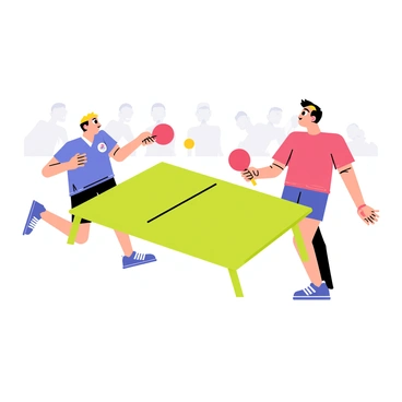 A dynamic scene featuring two skilled table tennis players in an intense rally. One player, wearing a blue jersey, is poised to hit a fast-moving ball with a focused expression. The other player, dressed in a red jersey, is ready to return the shot, showcasing determination and agility. The players are positioned on opposite sides of a green table, with their paddles raised. A blurred motion effect surrounds the ball, emphasizing its speed as it travels back and forth. Spectators are faintly visible in the background, capturing the excitement of the match.