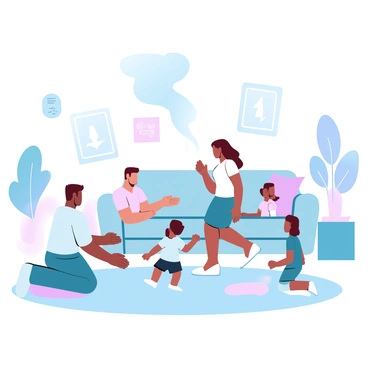 A family is gathered in a living room, practicing fire escape routes. A father is kneeling down, explaining the plan to two children who are listening attentively. A mother stands nearby, demonstrating how to stay low to the ground. A smoke detector is prominently mounted on the ceiling, clearly visible to emphasize its importance. Various colorful furniture pieces, including a sofa and a coffee table, create a lively environment. A wall clock shows the time, adding context to the scene. Emergency exit signs are displayed on the walls, reinforcing the fire safety theme.