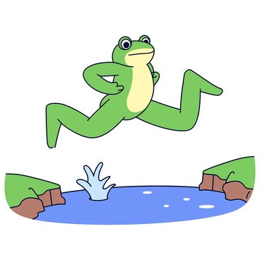 A green frog is mid-jump over a small stream. The frog's legs are extended, showcasing its powerful muscles. Below, the stream reflects the clear blue sky, and there is a splash of water rising up as the frog leaps. The banks of the stream are lined with small rocks and patches of green grass.