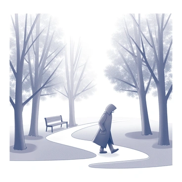 A lone figure is walking through a park enveloped in thick morning fog. The figure is dressed in a long coat and has their head down, partially obscured by a hood. Surrounding the figure are tall trees with thick trunks and dense foliage, their outlines blurred by the fog. The path is winding and slightly uneven, lined with patches of grass and the occasional park bench. The atmosphere is calm and tranquil, with only the faint sound of footsteps breaking the silence.