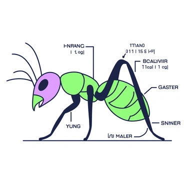 A detailed anatomy diagram of an ant is displayed. The ant is shown in profile view, highlighting its various body segments. Each part is meticulously labeled with captions in a clear font. The head features prominent mandibles, compound eyes, and antennae. The thorax is clearly defined, showcasing three legs attached to it, with labels for each leg segment. The abdomen is segmented and labeled, depicting the distinct features such as the gaster and the stinger. Additionally, a scale bar is present for reference.