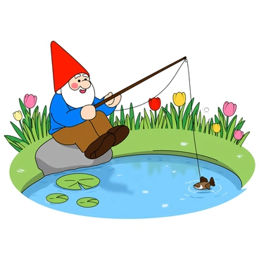 A cheerful garden gnome with a bright red hat and a blue outfit sits on a small rock by a serene pond. He has a white beard and rosy cheeks, holding a tiny fishing rod with a playful smile. The pond is surrounded by lush green grass and colorful flowers in bloom. A few lily pads float on the water's surface, and the gnome gazes intently at the water, waiting for a fish to bite. Sunlight glimmers on the pond, creating a vibrant and lively atmosphere around the scene.