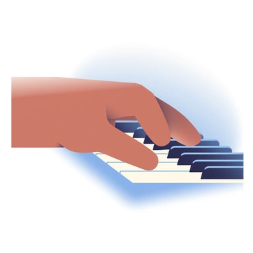 A close-up view of a hand with medium skin tone is shown, where a finger is pressing down on a white piano key. The finger is slender and positioned at an angle, clearly illustrating the downward force applied. The piano key is slightly depressed, and there is a subtle shine on its surface, reflecting the light in the room. In the background, a few more piano keys are visible, creating a sense of depth. The scene captures the moment of interaction between the finger and the key, emphasizing the action of producing sound.