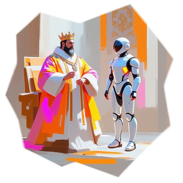 A historical figure in a traditional setting juxtaposed with a futuristic illustrated version
