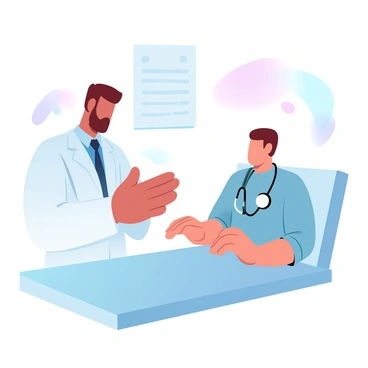 A doctor is standing beside a patient who is seated on an examination table. The doctor is wearing a white coat and has a stethoscope placed on the patient’s chest. The patient is dressed in a simple shirt and appears relaxed. Soft gradient pastel colors fill the background, creating a calm atmosphere. The doctor is focused and attentive, with hands holding the stethoscope firmly. A chart with medical information is visible on the wall behind them.