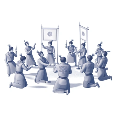 A group of warriors dressed in traditional attire, adorned with intricate patterns and detailed accessories. They are engaged in various rituals, demonstrating skillful movements and expressions. The scene is filled with an array of decorations, including banners and symbols that represent their culture. The warriors are positioned in a dynamic arrangement, creating a sense of energy and movement among them. The background includes elements of their environment, contributing to the cultural context of the ceremony.