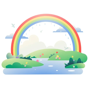 A vibrant rainbow is arching gracefully across the sky, displaying a spectrum of colors. Below the rainbow, a lush green landscape stretches out, dotted with patches of wildflowers in various colors. The sky is filled with soft gray clouds, with light rain still falling gently, creating small droplets on the leaves and grass. In the foreground, there is a calm river reflecting the colors of the rainbow, while a few birds can be seen flying in the distance. The atmosphere is filled with a sense of freshness from the recent rain.