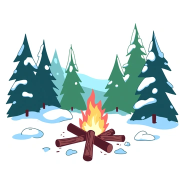 A small campfire glows warmly in the center of a winter forest, surrounded by a thick layer of white snow. The fire flickers with vibrant orange flames, casting a soft light that contrasts against the cold, white landscape. Tall evergreen trees with snow-covered branches frame the scene, their dark green needles visible against the bright snow. The ground is blanketed in white, with small patches of melted snow around the base of the fire, creating a cozy atmosphere in the midst of the cold wilderness. A few logs are placed around the campfire, inviting anyone to sit and enjoy the warmth.