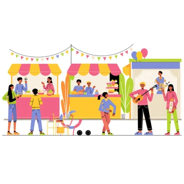 A vibrant neighborhood street festival featuring colorful food stalls with bright banners and awnings. Each stall is laden with various dishes, showcasing vibrant fruits, colorful pastries, and steaming savory items. Children are playing games, such as ring toss and balloon darts, with cheerful expressions. In the background, a small band is performing, with musicians playing instruments like guitars and drums. Colorful balloons float above the crowd, and festive decorations, including string lights and colorful flags, line the street, creating a lively atmosphere.