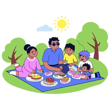A man with short dark hair, wearing a blue shirt and sunglasses, sits on a picnic blanket in a green park. Around him are family members, including a woman and two children, all smiling and laughing. Various picnic foods are spread out on the blanket, including sandwiches and fruit. The sun shines brightly, creating a cheerful atmosphere. Trees can be seen in the background, adding to the lively outdoor setting.