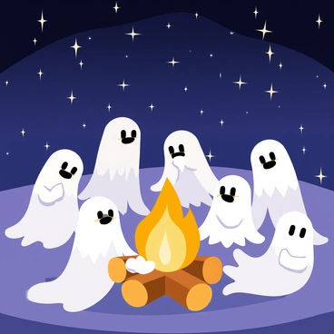 A group of ethereal ghosts with translucent bodies gathered around a glowing, orange campfire. Some ghosts are sitting on logs, while others hover slightly above the ground, all with expressions of joy and intrigue. The campfire emits a warm light, illuminating their features and casting flickering shadows. Above them, a clear night sky is filled with bright stars twinkling against a dark blue backdrop, creating a magical atmosphere. Some of the ghosts are animatedly gesturing as they tell stories, while others listen intently, creating a sense of camaraderie and connection among them.