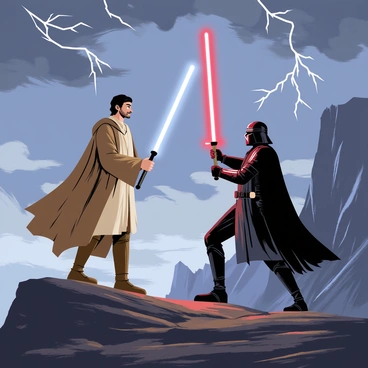 A Jedi wearing a flowing brown robe stands defiantly, holding a glowing blue lightsaber that illuminates the stormy sky. Across from the Jedi, a Sith Lord clad in dark armor wields a red lightsaber, casting an ominous glow. The scene is set atop a rugged, rocky mountain with dark clouds swirling overhead, and flashes of lightning illuminating the tense standoff. Strong winds whip around the combatants, causing their robes and cloaks to billow dramatically. In the background, a jagged cliff drops steeply into a misty abyss.