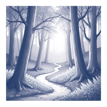 A winding trail leads through a forest filled with ancient trees. The trees tower majestically, their thick trunks and sprawling branches creating an intricate canopy above. Soft beams of sunlight filter through the leaves, casting dappled shadows on the forest floor. The ground is covered with a mix of moss and fallen leaves, adding to the enchanting atmosphere. The trail is partially obscured by ferns and wildflowers that grow alongside, inviting exploration into the depths of the forest.