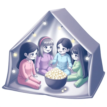 A group of four dolls is sitting inside a cozy fort made of blankets and pillows. They are all wearing colorful pajamas, with one doll wearing a vibrant pink set, another in a light blue ensemble, the third in purple, and the last wearing green. A large bowl of popcorn is placed in front of them, with fluffy kernels spilling slightly over the edge. The dolls are engaged in animated conversation, with some leaning closer and others laughing. The fort is dimly lit, creating a warm atmosphere, and is decorated with fairy lights, adding to the cozy feel of the sleepover.