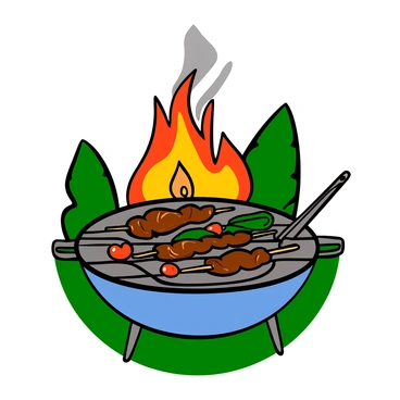 A sizzling BBQ grill with flames rising and smoke billowing. The grill is loaded with golden-brown jackfruit skewers, glistening with a savory glaze, alongside vibrant, colorful vegetables including red bell peppers, zucchini, and cherry tomatoes. The background features a sunny outdoor setting with green grass and a few trees. A pair of tongs rests on the edge of the grill, ready for flipping the skewers. The scene is filled with the inviting aroma of grilled food.