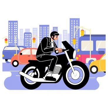 A motorcycle commuter wearing sleek, modern glasses is skillfully weaving through a busy city traffic scene. The motorcycle is a shiny black model with chrome accents. The commuter is dressed in a stylish leather jacket and a helmet that matches the motorcycle. Surrounding the commuter are various vehicles, including cars and buses, all in vibrant colors. Tall buildings and traffic lights fill the background, capturing the bustling energy of the city.