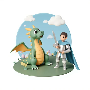 A friendly dragon, green with bright yellow spots, is playfully smiling and sitting on a grassy hill. Its large eyes are gentle and warm, and its wings are slightly spread, showcasing their colorful patterns. A brave knight, wearing shining silver armor with a blue cape, stands beside the dragon, holding a shiny sword. The knight has a confident stance with a friendly expression, looking up at the dragon. In the background, there are whimsical trees with colorful leaves and a bright blue sky dotted with fluffy white clouds. A small village can be seen in the distance, adding charm to the scene.