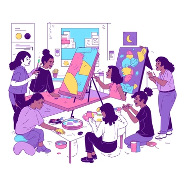 A group of diverse participants is gathered around a large canvas set up on an easel. They are actively collaborating on a vibrant mural, mixing paint in various shades and applying bright colors to the canvas. Some individuals are holding brushes, while others are sketching designs with chalk. The participants engage in animated discussions, exchanging ideas and laughter as they work together. In the background, there are tables filled with paint supplies and a wall adorned with colorful artwork from previous workshops.