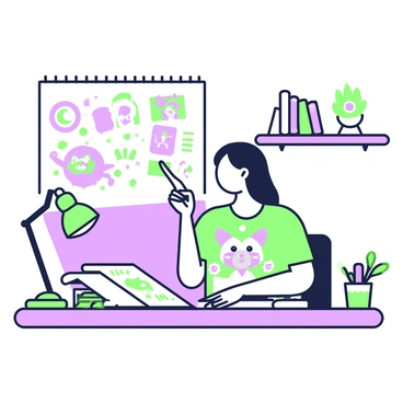 An illustrator is seated at a wooden desk, focused on creating characters for a children’s storybook. On the desk, there is a sketchpad filled with various character designs, showcasing playful animals and whimsical creatures. The illustrator holds a pencil in one hand, poised above the paper, while the other hand rests on a green book filled with inspiration sketches. In the background, shelves are lined with reference books, and a small plant sits next to a cup filled with different drawing tools. A bright lamp illuminates the workspace, casting soft shadows.