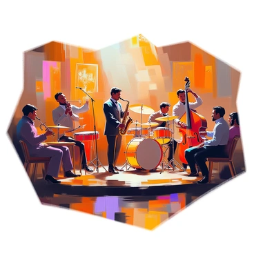 A lively jazz band performing on a small stage in a dimly lit Chicago club. The band consists of a saxophonist, a trumpeter, a double bassist, and a drummer, each absorbed in their music. The saxophonist is wearing a stylish suit and playing passionately, while the trumpeter stands beside him, bringing vibrant energy to the performance. The double bassist is seated, plucking the strings with focus, and the drummer keeps a steady beat, surrounded by various percussion instruments. 

The club has a warm ambiance with soft golden lighting illuminating the scene. Patrons are scattered around small tables, some leaning in to listen intently while others sway gently to the rhythm. A couple is seen dancing near the stage, lost in the music, creating an atmosphere of joy and excitement. The walls are adorned with vintage jazz posters, adding to the club's character.