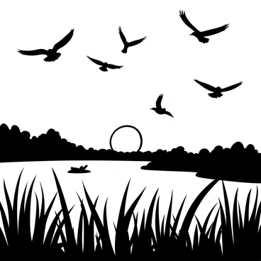 Silhouettes of various birds in flight, with wings spread wide, soaring above a marsh landscape. The marsh is filled with tall grasses and reeds, gently swaying in the breeze. A large sun can be seen setting on the horizon, casting an expansive view of the marsh below. The scene is framed by the outlines of distant trees and shrubs, adding depth to the composition.