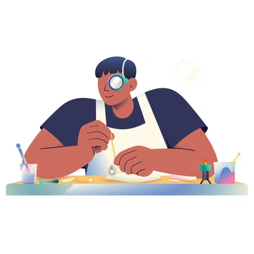 A jeweler with light brown skin and short black hair is focused on crafting a delicate necklace at a wooden workbench. She is wearing a white apron over a black shirt and has a magnifying glass perched on her forehead. The workbench is cluttered with various tools, including pliers, a small torch, and containers filled with beads and gemstones. The jeweler is using her right hand to carefully manipulate a thin gold chain, while her left hand holds a pair of tweezers poised above a sparkling pendant. A soft light illuminates the area, highlighting the intricate details of the necklace and the surrounding tools.