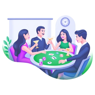 A modern pastel illustration depicts a sophisticated poker night. A round table is set with various poker chips and playing cards scattered across it. Adults are seated around the table, each holding a cocktail glass. They maintain charming poker faces, showcasing a range of expressions from concentration to playful intrigue. The scene includes elegant lighting, with a soft glow highlighting the faces and drinks. Subtle decorations like a decorative plant and an ornate wall clock add to the ambiance of the setting.