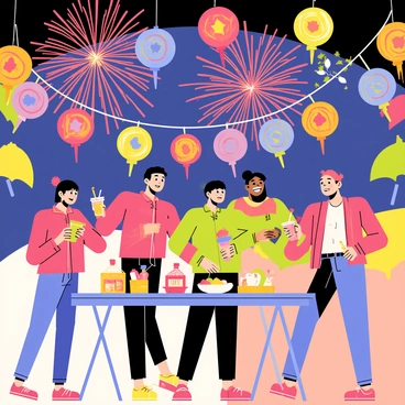 A group of operators celebrating at a colorful festival, surrounded by vibrant decorations. The scene features various types of lanterns hanging from above, each displaying unique patterns in bright colors. In the background, fireworks explode in a dazzling array of reds, blues, and greens illuminating the night sky. The operators are wearing festive clothing, some holding drinks and others laughing and chatting together. A table filled with colorful snacks and treats is visible nearby, adding to the festive atmosphere.