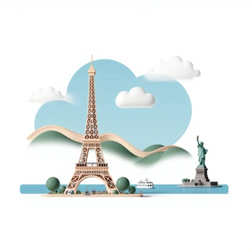 A detailed view of the "Eiffel Tower," showcasing its iron lattice structure against a blue sky with fluffy white clouds. Below, people are walking in the park, enjoying the scenery, while a few trees frame the base of the tower. The "Great Wall of China" should be depicted winding over green mountains, with tourists walking along its path, taking pictures of the surrounding landscape. Finally, the "Statue of Liberty" stands tall on Liberty Island, with its green patina shining in the sunlight, surrounded by the blue waters of New York Harbor, while boats pass by in the foreground. Each landmark is captured in a distinct and recognizable manner, emphasizing its unique architectural details and the lively atmosphere around it.