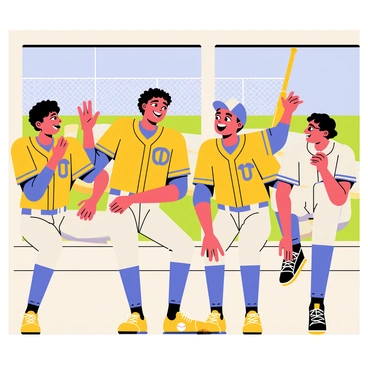 A group of four players sitting in a dugout, each wearing a bright team uniform in vibrant colors. The first player has short black hair and is leaning forward, animatedly talking with a wide smile. The second player, with curly brown hair, is gesturing excitedly with his hands, while the third player, sporting a cap, is laughing and listening intently. The fourth player, with glasses, is leaning back against the wall, looking amused. The dugout is made of wooden planks, with baseball bats and balls scattered around, and the field is visible in the background, showing a clear blue sky.
