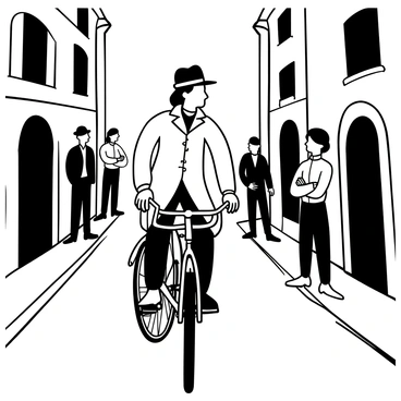 A detective wearing a trench coat and a fedora is riding an old bicycle down a cobblestone street. The bicycle has a vintage design with large wheels and a leather seat. On either side of the street, there are curious onlookers, dressed in period-appropriate attire, watching the detective with interest. The cobblestones are uneven, and there are old buildings with intricate architecture lining the street. Some of the onlookers are leaning against the walls, while others are standing with their arms crossed, all observing the scene intently.
