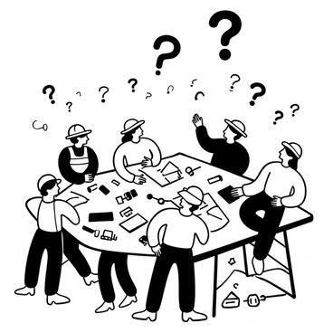 A group of construction workers gathered around a large table covered in blueprints. Each worker is pointing at different sections of the blueprints as they discuss various ideas. Floating above them are multiple question marks in varying sizes, emphasizing their brainstorming session. Tools and construction materials are scattered across the table, creating an active work environment. The workers are dressed in safety vests and helmets, highlighting the construction theme.