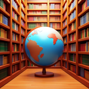 A large globe positioned in the center of a grand library. The globe features detailed cartographic designs of continents in rich colors. Surrounding the globe are towering bookshelves filled with numerous books, their spines displaying a variety of titles. The bookshelves extend upwards, creating an impressive sense of height. Warm lighting illuminates the library, casting soft shadows on the polished wooden floor.
