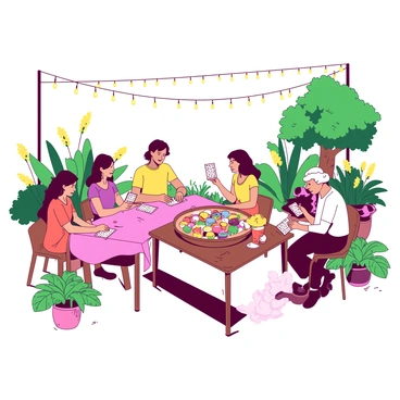A white garden party setting features a group of guests sitting around tables covered with bright tablecloths. The guests, dressed in colorful attire, are holding bingo cards and eagerly marking their numbers. Above them, twinkling yellow fairy lights are strung across the outdoor space, casting a warm glow. Surrounding the area, lush green plants and blooming flowers create a vibrant atmosphere. In the center, a wooden table holds a large bowl of colorful snacks, inviting guests to enjoy while they play. The overall scene conveys a festive and cheerful gathering.