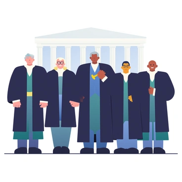 A lineup of five judges from the Supreme Court era of the McCulloch v. Maryland case stands together in a formal setting. The first judge, Chief Justice John Marshall, has a distinguished appearance with gray hair and is wearing a black robe. He is holding a gavel in his right hand. Next to him is Justice Joseph Story, who has dark hair and is dressed in a similar black robe, with a serious expression on his face. The third judge is Justice William Johnson, who has white hair and a slight smile, also in a black robe. On the left side stands Justice Gabriel Duvall, with a scholarly look and spectacles, dressed in a black robe, and the last judge is Justice Bushrod Washington, showing a thoughtful expression and wearing a black robe as well. The judges are positioned against a subtle backdrop of a courtroom setting, symbolizing the historical significance of their rulings.