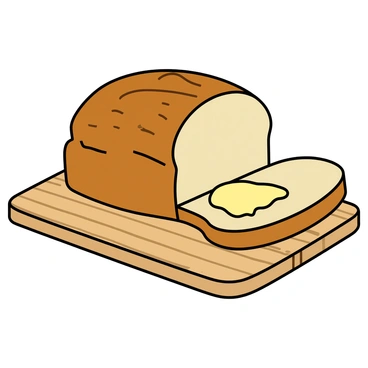 A freshly baked rye bread loaf sitting on a wooden cutting board. The loaf is beautifully sliced, revealing a soft and textured interior. Each slice has a golden-brown crust with a rich, dark color characteristic of rye bread. A generous spread of creamy butter glistens on the top of one of the cut slices, melting slightly into the bread. The cutting board has visible wood grains and is positioned on a light-colored surface, adding contrast to the warm tones of the bread and butter.