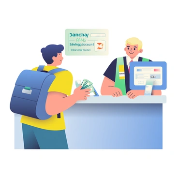 A young student with dark hair, wearing a blue backpack and a bright yellow t-shirt, is standing at a bank counter. The student is holding a handful of crisp banknotes in one hand and is reaching out to hand them to a bank teller, who has short blonde hair and is wearing a formal uniform. The teller is smiling and looking at the student while a computer monitor displaying account information is visible on the desk. A sign that reads "Sanchay Plus Savings Account" is prominently displayed on the wall behind the teller. Various brochures and pamphlets are neatly arranged on the counter.