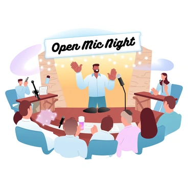 A friendly host is standing on a small stage at a cozy café, holding a microphone. The host is wearing a casual shirt and has a welcoming gesture with one hand raised. Behind the host, there is a warm light illuminating a wooden backdrop adorned with string lights. The café's interior features wooden tables and chairs arranged around the stage, with a few patrons seated, enjoying their drinks. On the stage, there are various performers ready to take their turn, each holding an instrument or a notepad. A banner with the words "Open Mic Night" is hanging above the stage.