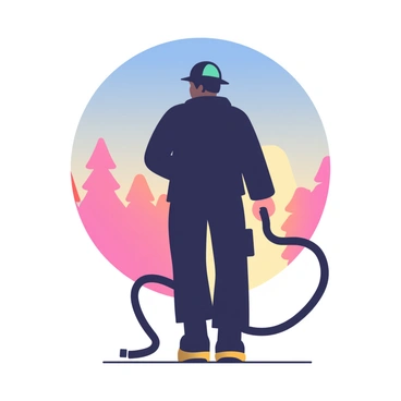 A silhouette of a firefighter stands against a backdrop of dawn, with the sky transitioning from deep blue to soft orange and pink hues. The firefighter is holding a black hose in their right hand, which drapes down towards the ground. The figure is dressed in protective gear, including a helmet and a jacket, adding details to the silhouette. In the background, faint outlines of trees can be seen, merging with the colorful sky as the first light of day begins to break.