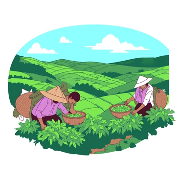 A group of workers dressed in traditional attire are carefully picking tea leaves on a lush Sri Lankan plantation. The workers are focused on their task, with woven baskets strapped to their backs, collecting vibrant green tea leaves. In the background, there are rolling hills covered in neatly arranged tea bushes, extending into the distance. The sky is clear with a few fluffy clouds, creating a bright atmosphere over the plantation. The scene captures the essence of tea harvesting in a picturesque landscape.