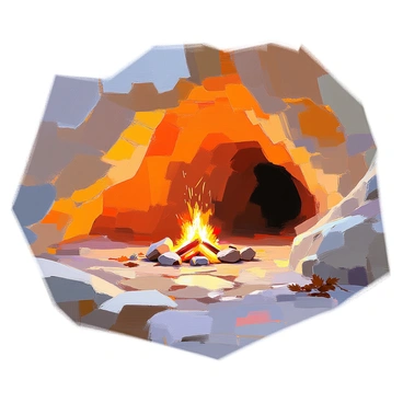 An ancient prehistoric cave with rough stone walls, featuring vibrant primitive wall paintings depicting animals and human figures. The artwork is created in earthy tones, showcasing scenes of hunting and daily life. In the center of the cave, a flickering fire casts warm light and shadows across the walls, illuminating the paintings. The ground is uneven, scattered with small stones and remnants of dried leaves, enhancing the atmosphere of the cave. The entrance is partially visible, allowing a glimpse of the outside world, shrouded in darkness.