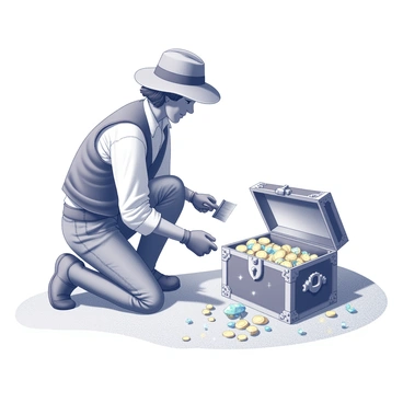 A treasure hunter kneeling in the sand, carefully brushing away grains with a small brush. The hunter is wearing rugged outdoor attire, including a weathered hat and gloves. In front of them, there is an ornate wooden chest partially buried in the sand. The chest has intricate carvings and is slightly ajar, revealing a dazzling array of gold coins and sparkling jewels spilling out. Sunlight glints off the metallic surfaces and gemstones, creating reflections and shadows on the sand around the chest. The scene conveys a sense of excitement and discovery as the treasure hunter gazes at the riches unveiled before them.