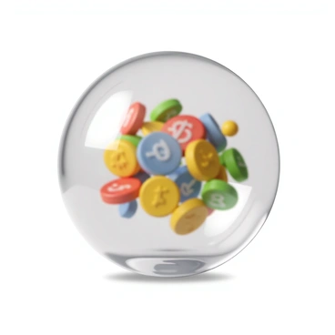 A transparent 3D sphere with a smooth surface, showcasing an intricate collection of floating and spinning cryptocurrency symbols within it. The symbols are vibrant and varied, featuring well-known currencies like Bitcoin, Ethereum, and Litecoin, each rendered in distinctive colors that stand out against the transparency of the sphere. The sphere is illuminated from different angles, casting soft reflections and highlights that enhance its three-dimensional appearance. The spinning symbols create a dynamic motion effect, giving the scene a sense of energy and movement.