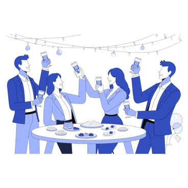 A group of employees is gathered at a rooftop terrace celebrating the success of their company's IPO. They are dressed in professional attire, with some wearing blazers and dresses. The employees are smiling and raising glasses filled with sparkling beverages in a toast to their achievement. In the background, there are decorative string lights illuminating the setting. A table is set up nearby with an array of appetizers and snacks. The city skyline is visible in the distance, showcasing tall buildings and a clear sky. Balloons and banners can be seen adding to the festive atmosphere.