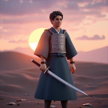 A samurai warrior, wearing traditional armor that consists of a dark blue kimono and intricate metal chest plate, stands confidently on a battlefield. He is holding a gleaming katana, with one hand gripping the hilt and the other extending forward, ready for action. The sun sets in the background, casting a warm orange and purple glow across the sky. The ground is littered with fallen leaves and scattered debris, adding to the atmosphere of the scene. The samurai’s expression is focused and determined as he gazes into the distance, embodying a sense of honor and readiness for battle.
