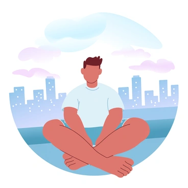 A young boy with short hair is sitting cross-legged on a rooftop. He is wearing a light-colored t-shirt and denim shorts. The city skyline is visible below, filled with twinkling lights illuminating the buildings. The sky above is a gradient of soft pastel colors, transitioning from light blue to pink as dusk falls. The boy is looking thoughtfully at the horizon, seemingly lost in contemplation. A gentle breeze is rustling his shirt, contributing to the serene atmosphere of the scene.