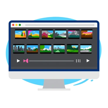 An audio waveform displayed on a computer screen with a colorful, jagged line representing sound peaks and troughs. The screen is split to show video clips containing vibrant scenes of nature and cities, each clip neatly framed within the editing software interface. Icons for editing tools like cut, paste, and volume adjustment are clearly visible. The overall layout shows a busy yet organized workspace, emphasizing the process of audio-visual editing.