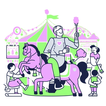The Tin Man is seated on a carousel, smiling as he enjoys the ride. He is made of shiny metal with jointed limbs and has a heart-shaped emblem on his chest. The carousel features various colorful animals, including a purple horse with a flowing mane beside him. Around the carousel, there are vibrant tents and booths displaying carnival games and treats. The background is filled with glowing lights, and children can be seen laughing and pointing at the carousel. A cotton candy stand is visible nearby, with fluffy pink cotton candy on display.