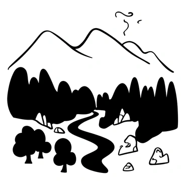 A range of mountains rises sharply, their peaks obscured by swirling mist. Below, a hidden valley is nestled among the slopes, featuring dense trees and a winding river cutting through the landscape. A few rocky outcrops are visible, jutting from the greenery, and occasional patches of land peek through the mist, hinting at the secrets the valley holds. The overall scene conveys a sense of mystery and isolation.